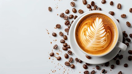 A beautifully crafted cappuccino on a white background surrounded by coffee beans, showcasing intricate latte art in an elegant ceramic cup.