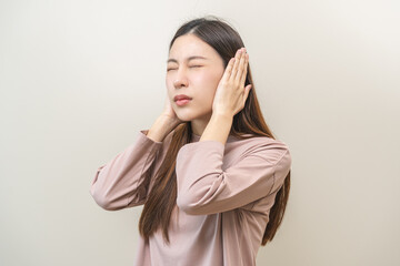 Tinnitus concept, sick asian young woman, girl have ear pain or earache, hand touch plug ear,...