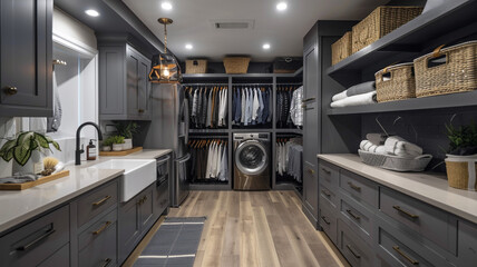 Walk in closet and laundry room with staging and stainless appliances deep sink grey cabinets