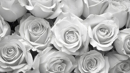 Natural white roses flowers background fresh petals in gray flower bouquet texture for background and wallpaper, monochrome tone, close up. 