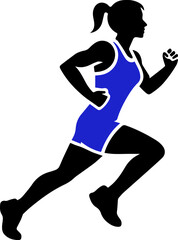 Silhouette of a female runner in a blue outfit, dynamically running forward, representing fitness, health, and athleticism.