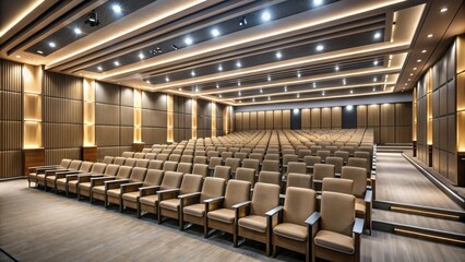 Fototapeta premium Large, dimly lit, modern conference hall with numerous rows of vacant, sleek, black chairs awaiting attendees for a meeting or presentation.