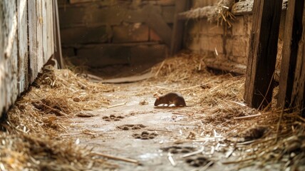 Fototapeta premium Small brown mouse sits alone in old barn with hay on ground Sunlight streams through wooden planks