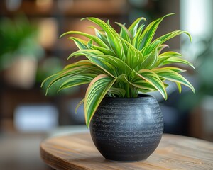 Fresh and Airy Office Space with Spider Plant on Desk, Promoting Air Purification and Wellness