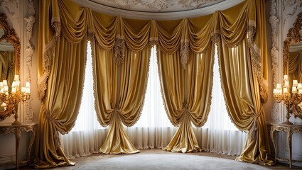 Opulent drapery in 4K resolution, majestic golden curtains cascading down in luxuriant folds