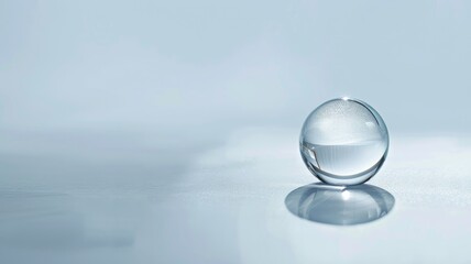 Clear glass sphere on smooth reflective surface, light blue background