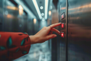 Woman Pressing Elevator Up Button for High-Level Floor"