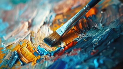 Fototapeta premium Close-up of paintbrush on vibrant abstract canvas, blending colors