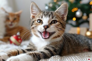 Adorable tabby kitten smiling and posing in front of a festive Christmas tree with lights and decorations, exuding holiday cheer and warmth.