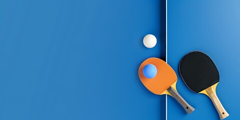 Red Table Tennis Paddles and ball on the blue table tennis table