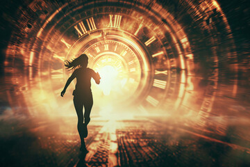 A dramatic image of a person running through a glowing tunnel with clocks, representing the concept of time and speed