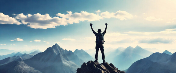 Hiker standing on the top of icy peak and looking at majestic view of wild unapproachable mountain range under snow. Adventure in nature concept.	
