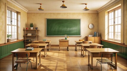 A traditional empty classroom atmosphere with wooden desks, green chalkboard, and vintage educational props set against a warm beige background.