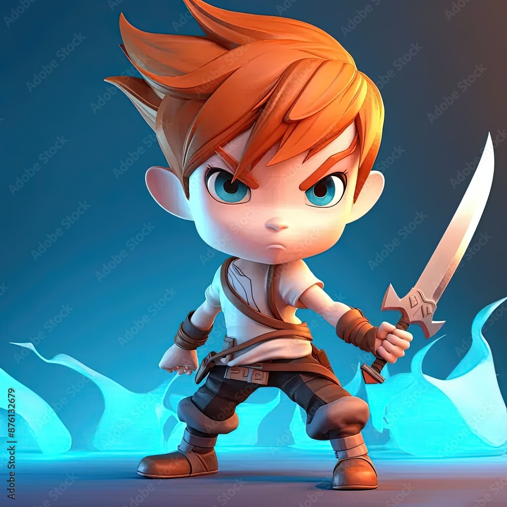 Wall mural a cartoon character holding a sword in front of a blue background