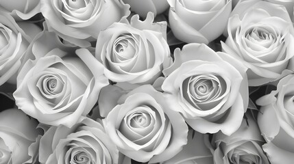 Natural white roses flowers background fresh petals in gray flower bouquet texture for background and wallpaper, monochrome tone, close up. 