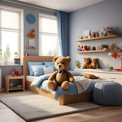 A teddy bear is sitting on a bed in a room with a blue wall