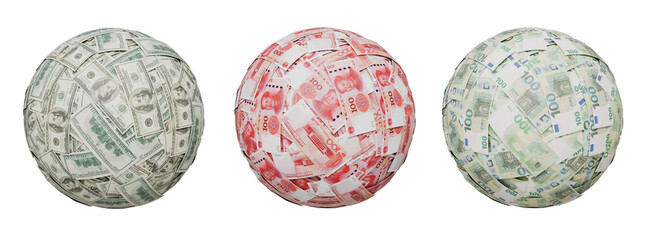 set of dollar yuan euro money cash ball isolated on white background 3d element render.