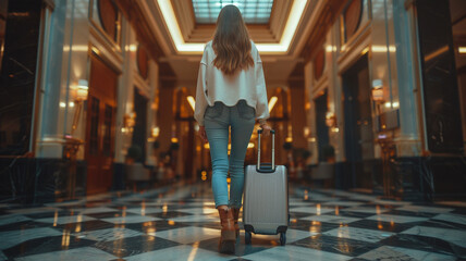 Back view of a young Woman with suitcase walking at the hotel lobby