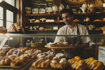 Baker Presenting Freshly Baked Pastries in a Warm Bakery