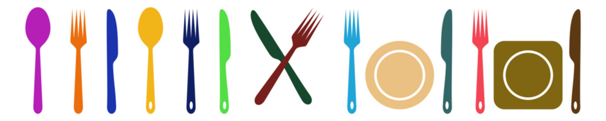 Fork knife spoon and plate. Colored Plastic Curve Spoons. Ice Cream color full Spoons. Tableware set flat style. Dinnerservice collection. Plate, fork and knife. Dinner service.