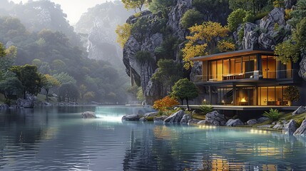 Obraz premium Modernist house perched on cliff with pool at base, rendered in cinema 4D style. Hyperrealistic rendering with sharp, angular design.