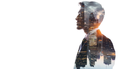 Double exposure of portrait office business workers and building architecture cityscape. creation city concept. Transparent background or PNG file.