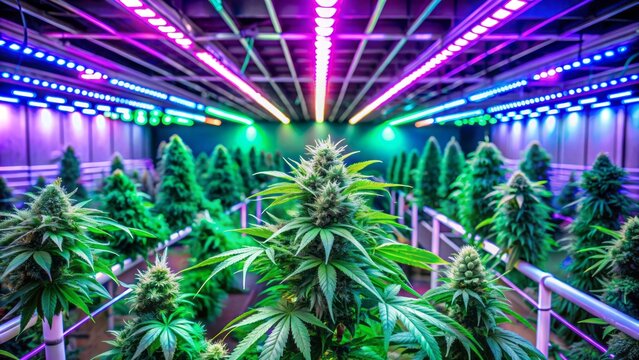 Vibrant green cannabis buds illuminated by radiant neon light beams in a futuristic, high-tech indoor grow facility with sleek equipment.