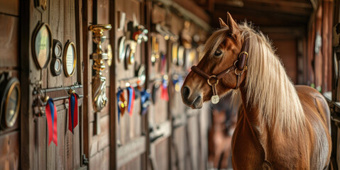 Fototapeta premium Horse in stable with ribbons and trophies