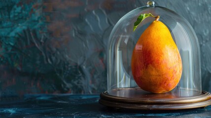 Ripe pear under glass dome on dark textured surface