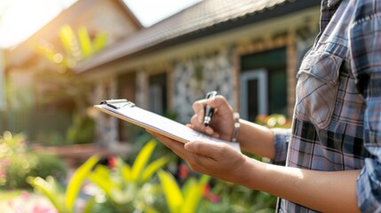 inspector or engineer is inspecting construction and quality assurance new house. Engineers or architects or contactor work to build the house before handing, generate by AI