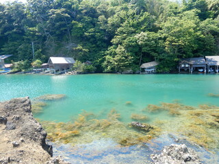日本新潟県佐渡市の矢島と経島の青い入り江 Yashima and Kyojima