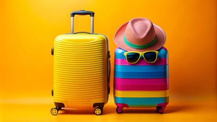 Obraz premium Stylishly arranged travel accessories including fashionable hat, trendy sunglasses, and sleek suitcase on a contrasting solid colored background.