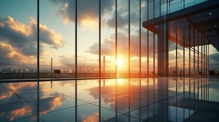 Fototapeta premium Modern office building or business center. High-rise window buildings made of glass reflect the clouds and the sunlight. empty street outside wall modernity civilization. growing up business