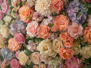  A dense floral arrangement consisting of roses and other flowers in shades of pink, white, and yellow