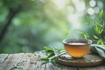 A cup of bamboo leaf tea on a wooden table on a nature background, a big copy space