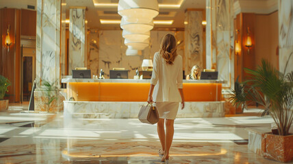Female guest walks inside a hotel lobby with people in the background at reception counter. Woman arriving at hotel.