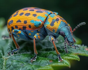 Naklejka premium Detailed Macro Shot of Colorful Weevil on Leaf showcasing intricate Patterns and Textures