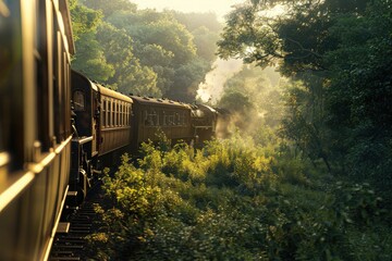 Fototapeta premium A scenic train journey through lush green forests during a misty morning, capturing the essence of travel and adventure in nature.