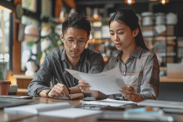 Brainstorming session for Asian businesswomen and entrepreneurs with documents and e-commerce.