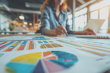 Brainstorming session for Asian businesswomen and entrepreneurs with documents and e-commerce.