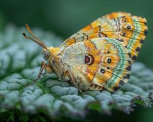 Naklejka premium Close-up Macro Shot of Delicate Moth Resting on Leaf, Displaying Stunning Wing Patterns and Fine Scales
