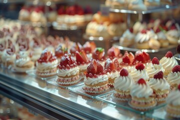 Close-up of Delectable Strawberry Cream Cakes in a Display Case