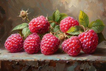 Oil Painting Rustic Raspberries on Textured Background. Close-up of fresh raspberries with leaves on a textured rustic background