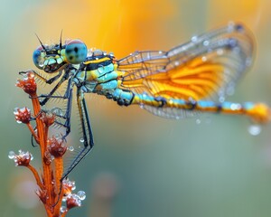 Fototapeta premium Majestic Damselfly with Translucent Wings Perched on Reed Near Pond
