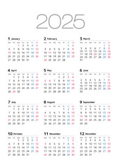 2025年の年間カレンダー月曜始まり
