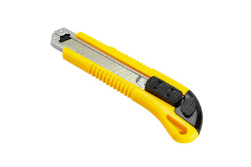 Yellow stationery knife with a blade isolated on a white background with clipping path.