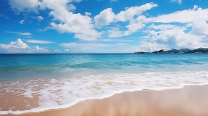 Tropical beach paradise with turquoise water, white sand, and fluffy clouds stretching across a bright summer sky