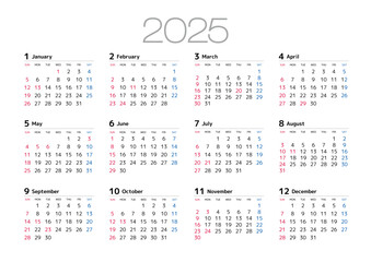 2025年の年間カレンダー日曜始まり