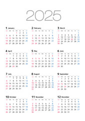 2025年の年間カレンダー日曜始まり