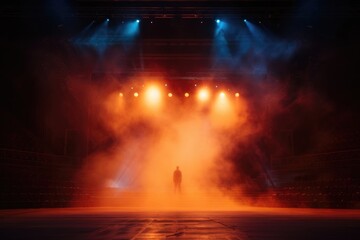 Fototapeta premium A dramatic performance set against a dark backdrop with vibrant displays selective focus, theatrical, dynamic, overlay, open-air theater